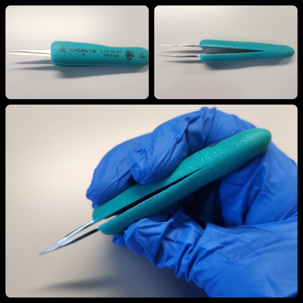 3 picture collage against a grey background. The left top image shows silver foreceps with teal padding from top down view. The upper right panel shows the same foreceps from the side. The bottom image shows a blue gloved hand holding the foreceps.