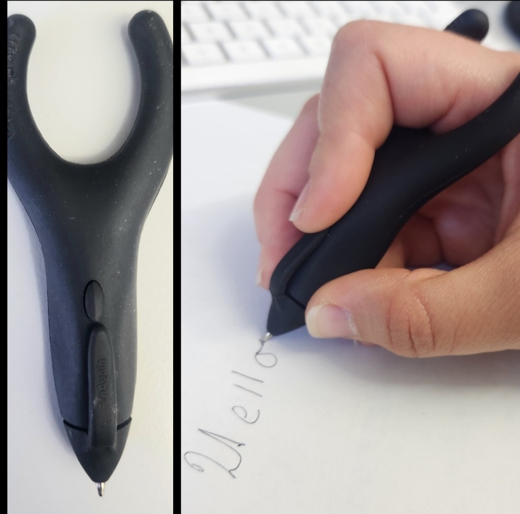 2 panel photo highlighting an ergonomic black pen. The left panel is a close up of the pen, while the right panel shows a hand using the pen to write the word "hello".
