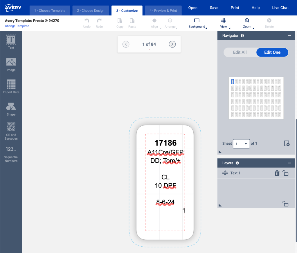 Screenshot of Avery's website featuring label design. In the center of the screen is a vertical label with the number "17186" written on it. To the left, there is a dark grey panel with icons that allow you to custom design your labels including "text", "image", "import data", "shape", "QR and barcodes", and "sequential numbers". The righthand side of the screen features a navigator, which shows all 84 labels on a sheet. There is an option to "Edit all" labels or "edit one" label.